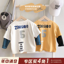 Buy four free of one 21 spring autumn new boy letters printed fake two long sleeves T-shirt baby Han version foreign air blouse