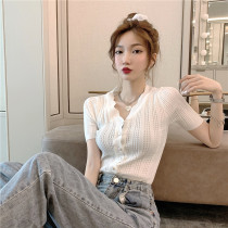 Light ripening wind ins Summer 2020 Korean version of net Red V collar wave short sleeve knitted top T-shirt Joker women