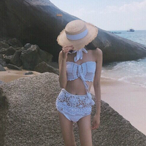 Net Red Little Red Book recommended swimsuit white chest knitted swimsuit split hollow hook flower Korean suit bikini