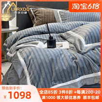 Winter double layer thickened warm coral suede Four sets minimalist striped Quilt Cover Pure Cotton Milk Suede Bedding