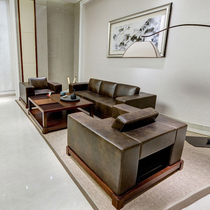 New Chinese style solid wood leather sofa Business office modern minimalist office reception room sofa coffee table combination