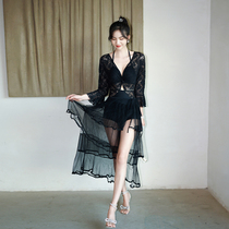 womens skinny belly cover lace long sleeve conservative long dress steel buckle small chest push up hot spring back fairy style