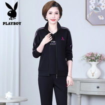 Flowers Playboy Sports Suit Women Moms Dress Cotton Spring Autumn Money Long Sleeves Acrobats Loose Leisure Middle Aged Two Pieces