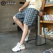 Tide brand summer denim shorts men wear plaid loose casual five-point pants trend ins lace-up beach pants