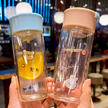 Cute double glazed glass cup with tea sepal girl Heart student portable Han style brief fresher and small printed water mug