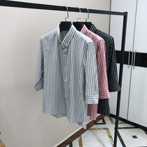 Summer gray striped shirt mens short sleeve Korean version of the trend handsome seven-point sleeve business leisure all-match mid-sleeve shirt