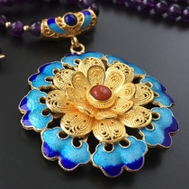 Pure silver gilded flowers open and ruly hand flower silk enamel inlaid bead chain traditional non-relic process pendant DD08