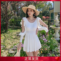 Fairy Wind White One-piece Dress Type Flat Corner Swimsuit Conservative Cute Teenage Girl Lotus Leaf Lace Long Sleeve Hot Spring Display Slim Fit Swimsuit
