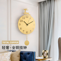 Light luxury All-copper postmodern deer head wall clock watch living room creative wall clock European style clock Retro American decorative mute