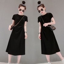 Summer short sleeves dress dress 2022 new European goods trendy cut-age pure color closedown long style dress A-style dress