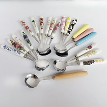 (5 sets) ceramic stainless steel medium round spoon short spoon round head spoon eating spoon portable and easy to carry