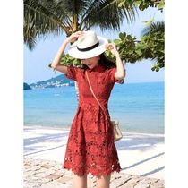 Sandro Svpr red lace dress for women 2021 Summer new French seaside holiday beach dress