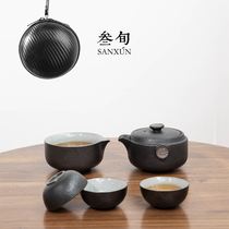 Thirty-year-old Fuyun fast guest Cup one pot three cups travel carrying bag tea set two people black pottery kung fu bubble teapot set