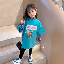 Girl Spring Dress 2022 Han Edition Childrens Baby Loose Casual Cartoon Short Sleeve T-shirt With Long Sleeve Undershirt