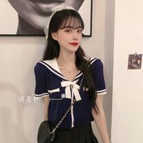 College style chic short sleeve summer 2020 new net red navy collar lace-up knit sweater coat female students