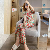 Ice silk pajamas womens summer short sleeve thin two-piece Ice Silk Korean version cute sweet lady silk home clothes