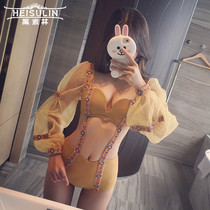 2021 new sexy one-piece bikini women big breasts gather sling print hot spring swimsuit bubble sleeve swimsuit