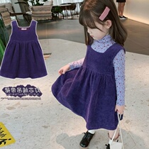 Girl Han Edition Lamp Core Suede Strap Dress 2021 Spring Autumn Dress New Children Princess Princess Even Dress Foreign