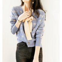 LOSTSOULS French Retro Lace Bow Temperament Knitted Jacket Commuter Cardigan Sweater Women