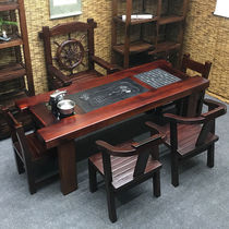 Old boat wood tea table and chairs combined solid wood tea table Kung Fu tea art desk simplified Chinese style furniture living room Home suit