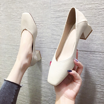 2021 new thick-heeled shallow mouth granny shoes retro square head work shoes womens comfortable single shoes soft leather high-heeled womens shoes spring