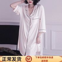 Silk Pajamas Ladies 2023 Summer Silk Sexy Cardigan Shirt Nightdress Medium Length Loose Homewear