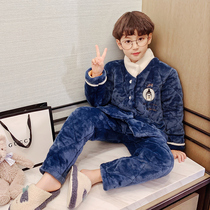 Childrens pajamas thickened boys winter children plus velvet boys coral velvet three-layer cotton Stand Collar Winter