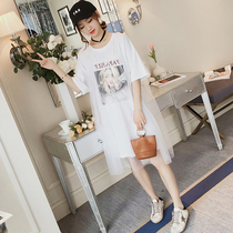 2022 new summer mounted pregnancy woman dress Han version loose mesh yarn splicing t-shirt external wearing medium long printed one-piece dress woman