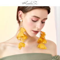 Imported Korean elegant fabric summer refreshing chiffon fabric flower long tassel earrings ear clip without ear hole