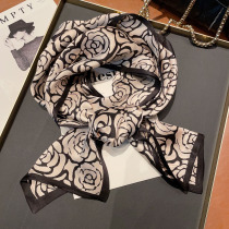 Black rose silk scarf small strip high-end all-match 100% mulberry silk spring and autumn foreign style fashion small scarf