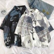 Rui Shuai Hong Kong style Japanese boys shirt tide men short sleeve shirt Korean trend handsome ins newspaper jacket summer