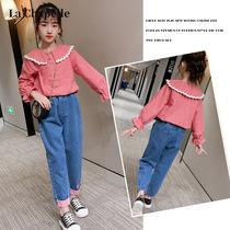 Lashabelle childrens clothing girl suit 2022 spring autumn new childrens plaid shirt big boy jeans two sets