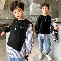 Boy Spring and Autumn Festival Fake Two Weaters 2022 New CUHK Scout Autumn Clothing Foreign Air Pure Cotton Blouse Child Handsome Tide