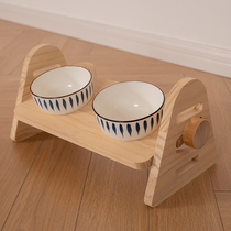 Cat Bowl Solid Wood Cat Dining Table Ceramic Bowl Non-slip Diagonal Opening Cervical Spine Special Cat Rice Basin Pet Bowl Table Dog Bowl