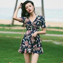 womens one piece dress swimsuit vintage conservative slimming belly covering steel tote push up half sleeve printed hot spring swimsuit