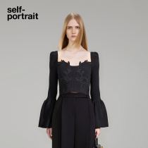 self-portrait 2022 autumn and winter classic black flared sleeve lace hollow knitted top