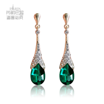 Korean version of the long diamond emerald earrings all-match hypoallergenic fashion texture elegant shiny banquet silver stud ear clips