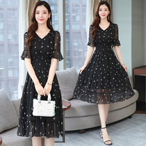 2022 Spring Dress New Stars Long Skirt Short Sleeve Snowspun Super Fairy French Black Temperament V Collar Dress Woman