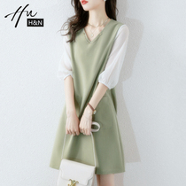 iFashion light luxury women womens avocado green fake two-piece dress temperament loose small straight skirt