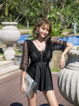 ins fairy fan swimsuit female size fat mm200 Jin covered belly thin black sexy small chest gather one-piece dress