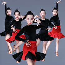 Childrens Latin dance practice clothes girls golden velvet split Latin skirt competition spring and autumn winter 2021 new students