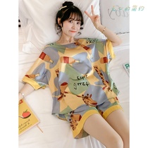 Summer Korean version ice silk pyjamas woman thin cartoon short sleeve giraffes enlarge yard summer home to suit two suits