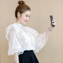 Chiffon shirt ladies short sleeve white coat fairy temperament fashion loose 2021 new summer lace flared sleeve