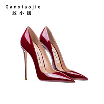 Dare Miss 2022 new European and American pointed high heel shoe lacquered with light lipstick and wine red sexy single heel shoe 12 cm