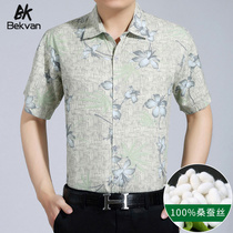 bekvan 2021 summer new middle-aged mens short-sleeved silk shirt printing 100% mulberry silk shirt 3345