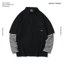 National tide hip hop stripe fake two-piece top long sleeve polo shirt boyfriend hem split stitching long sleeve T-shirt tide