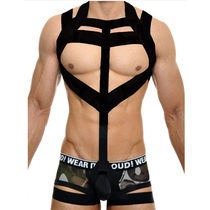 Fashion mens shoulder strap catwalk shirt with chest strap metal buckle decoration trendy mens clothing