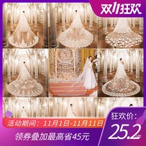 Bride Lord wedding dress lace veil long tail wedding headdress Champagne super fairy retro wedding photo props