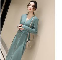 Atmospheric simple self-retention recommended wool V-collar with detachable belt knee-length knitted dress autumn and winter women