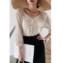 5 fold clearance design sense v-collar flocking love seven-point sleeve shirt thin French lantern sleeve shirt off-the-shoulder top female
